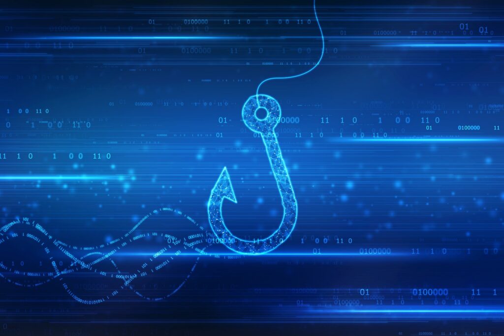 Digital fishing hook over binary code, illustrating a phishing attack