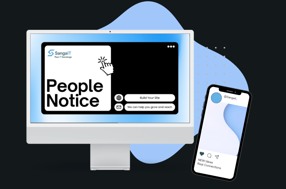 Website and social media design concept shown on a desktop monitor and smartphone