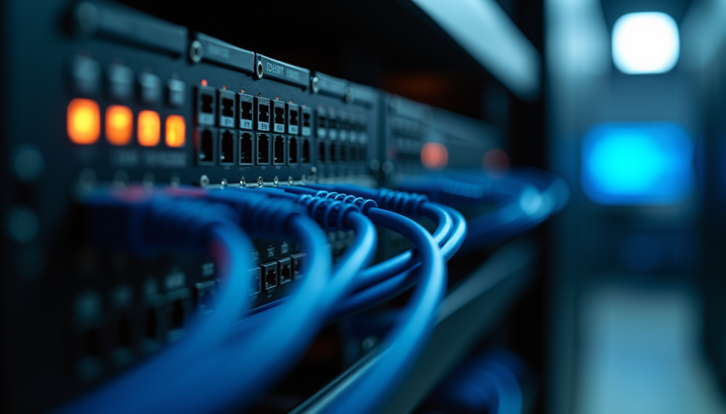 Eye-level view of a server rack with network cables in a small business data closet