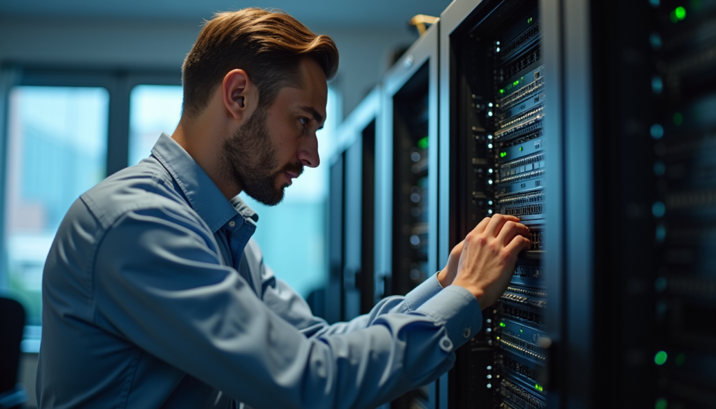 High angle view of a technician configuring network equipment in a small business office
