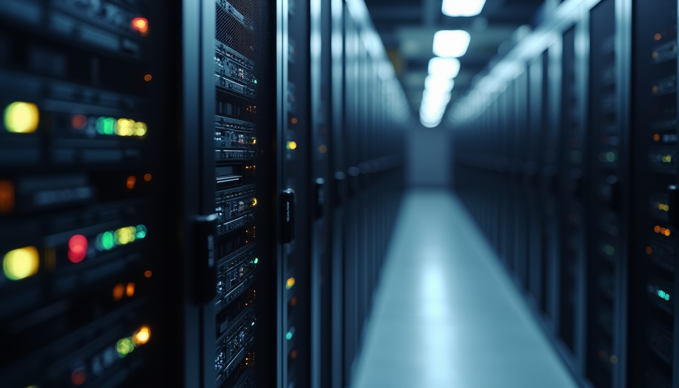 Rows of server racks in a data center
