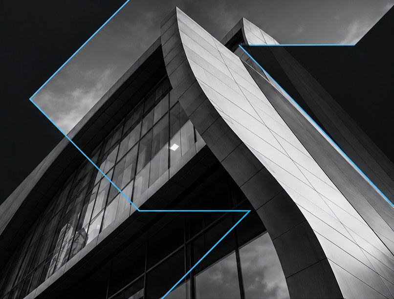 Modern office building in black and white with blue accent lines