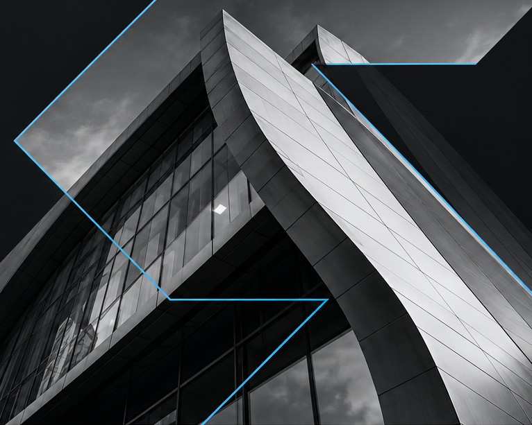 Modern office building in black and white with blue accent lines