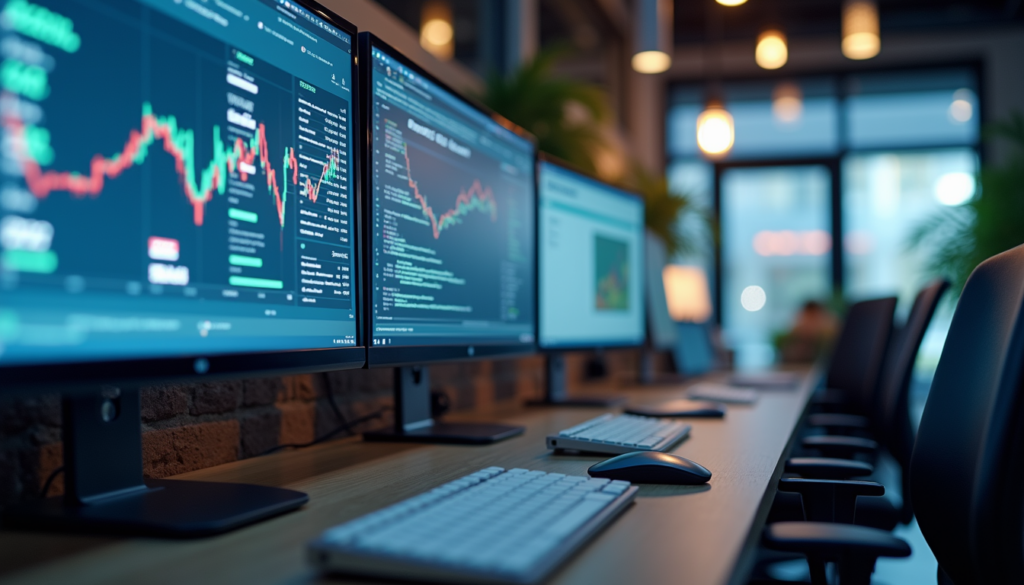 Office workstations with multiple monitors showing market charts