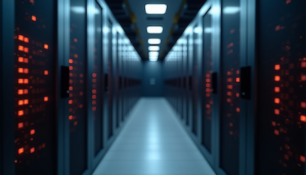 Server racks with status lights in a data room