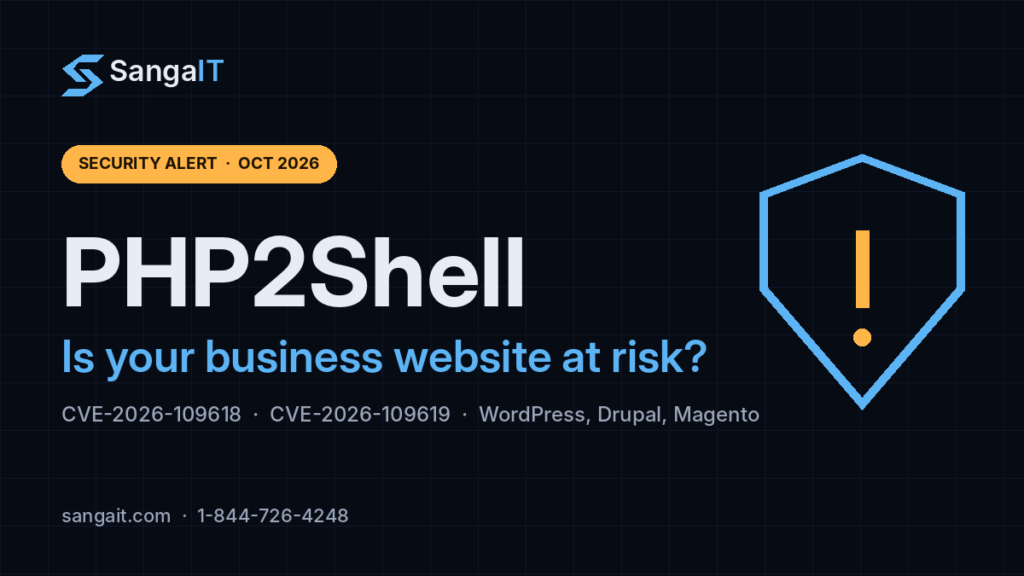 SangaIT security alert graphic: PHP2Shell, CVE-2026-109618 and CVE-2026-109619