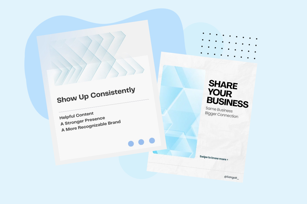 Concept preview of two branded social media posts: “Show Up Consistently” and “Share Your Business”